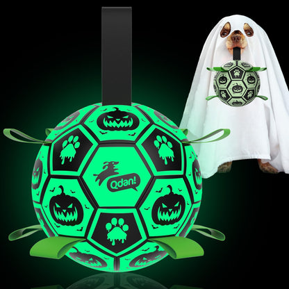 QDAN Halloween Glow in The Dark Dog Toys, Dog Ball with Straps, Soccer Ball for Dogs, Outdoor Dog Toys, Pet Birthday Toys, Puppy Essentials for Medium to Large (8Inch)