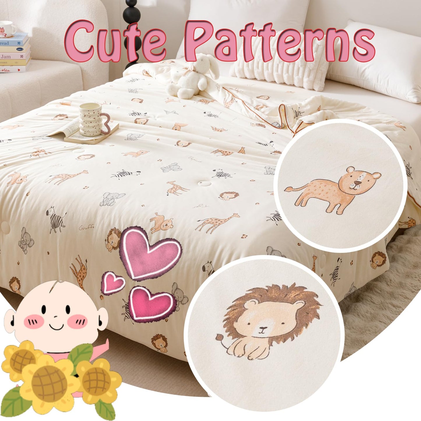 MorroMorn Toddler Bedding Set, Super Soft Baby Blanket Neutral Toddler Comforter Sets - 2 PCS Bed Set with Pillowcase Lightweight Breathable for Girls Boys Kids Infant Summer Spring Fall (Animals)