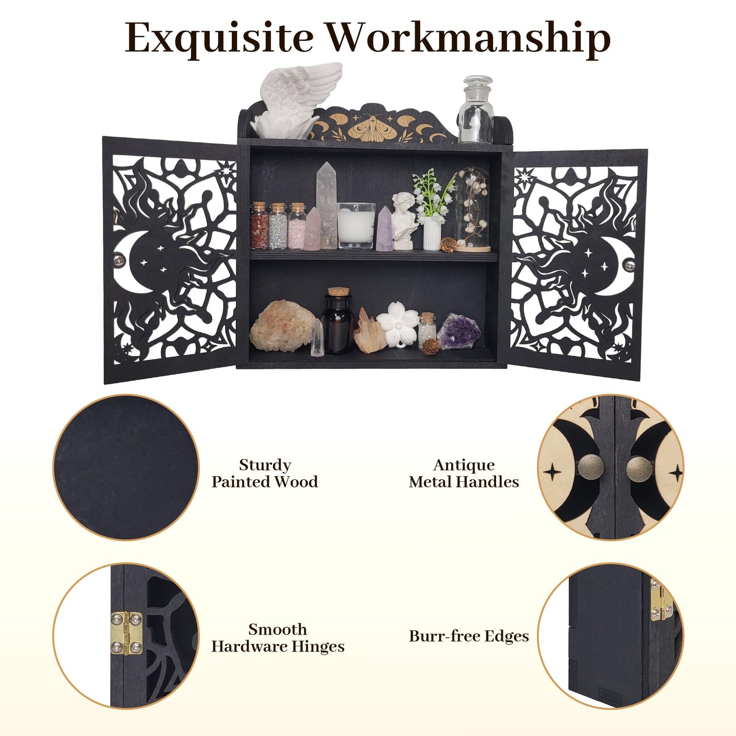 FNYDOX Large Crystal Display Shelf Case for Stones, Carved Sun Crescent Moon Shelf, Trinket Shelf Nail Polish Rack Crystal Holder Essential Oil Storage Rock Cabinet Gem Stone Organizer