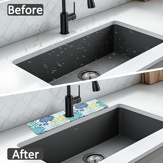 15" X 5.5" Kitchen Sink Splash Guard Faucet Mat Floral Super Absorbent Fast