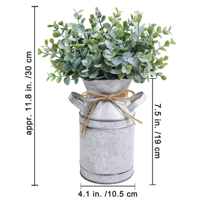 Winlyn Farmhouse Galvanized Metal Milk Can with Artificial Eucalyptus Greenery Arrangement Fake Plants Farmhouse Centerpieces 11.8" Tall for Rustic Country Wedding Home Table Tiered Tray Shelf Décor