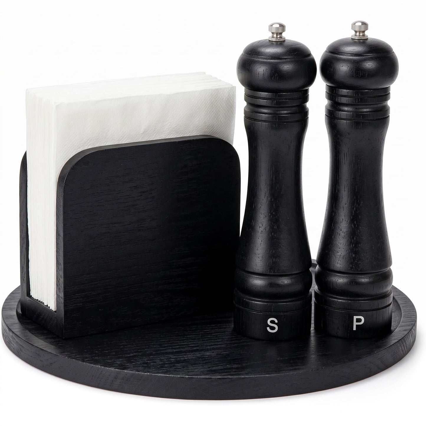 4 Pcs Rustic Farmhouse Decor Set Acacia Wooden Napkin Holder Salt and Pepper Shakers and 12" Round Wood Tray Spice Rack Table Tray for Kitchen Countertop Dining Table Centerpieces(Black)