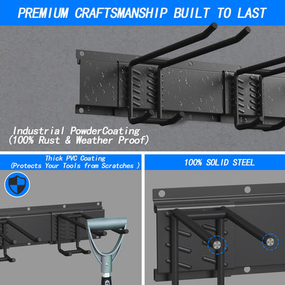 CBWLWJ Garage Tool Organizer Wall Mount, 64 inch Garage Wall Organizer, 680lbs Sturdy Garden Tool Organizer with 12 Adjustable Hooks, for Yard, Shed, Basement, Workshop(Black)