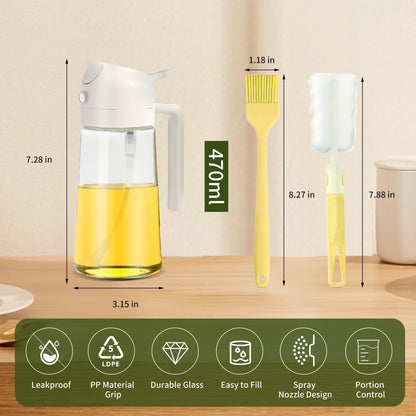 Oil Dispenser for Kitchen, 2 in 1 Olive Oil Sprayer, Olive Oil Dispenser Spray Bottle with Brush, Oil Sprayer for Cooking for Air Fryer, Barbecue, Salad 16oz/470ml (Black)