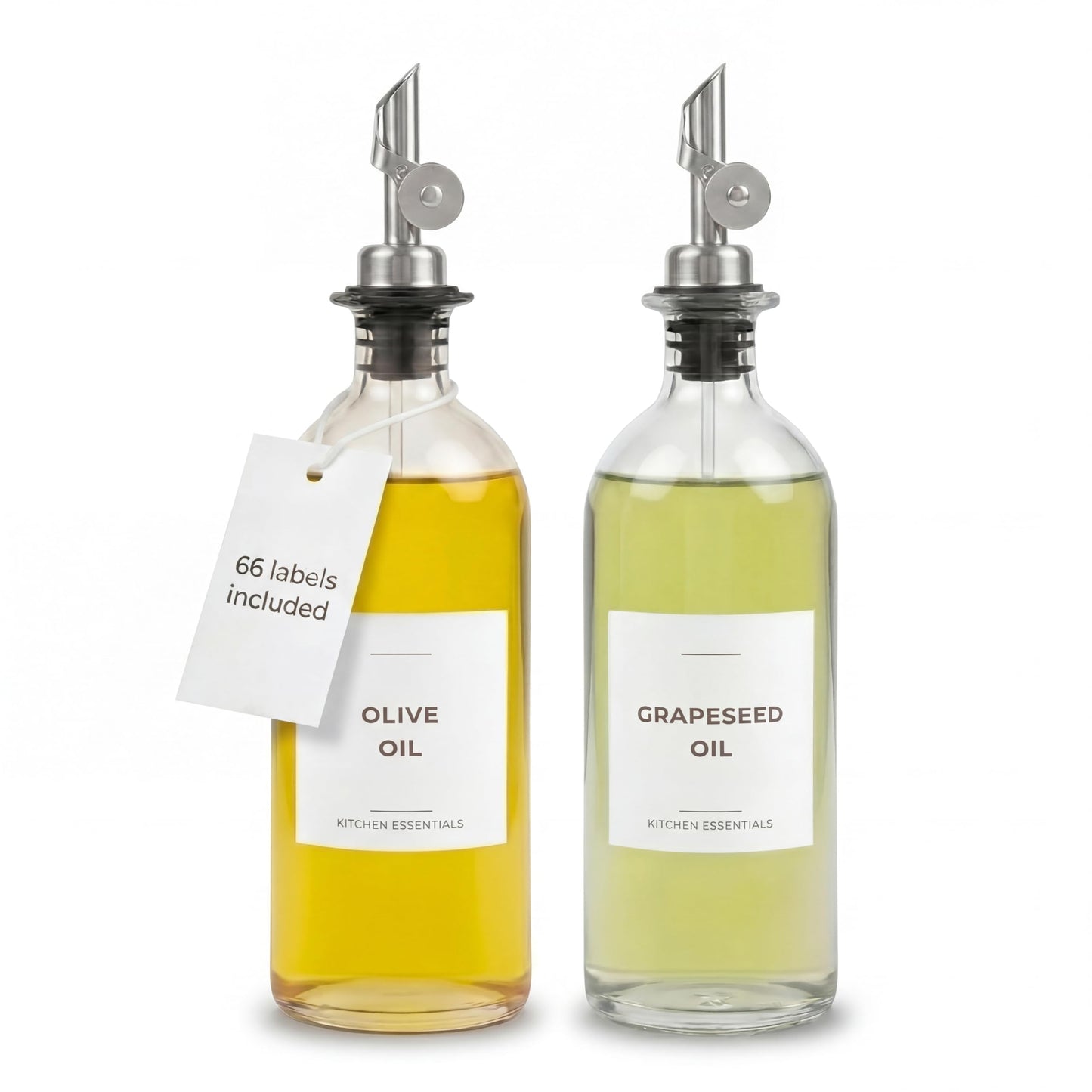 Spaceneat Oil Dispenser for Kitchen - Glass Olive Oil Bottle Set of 2 (16.9oz) with Silver Stainless Steel Weighted Self-Closing Pourer - Cooking Oil Dispenser with 66 Labels, Aligner & Funnel