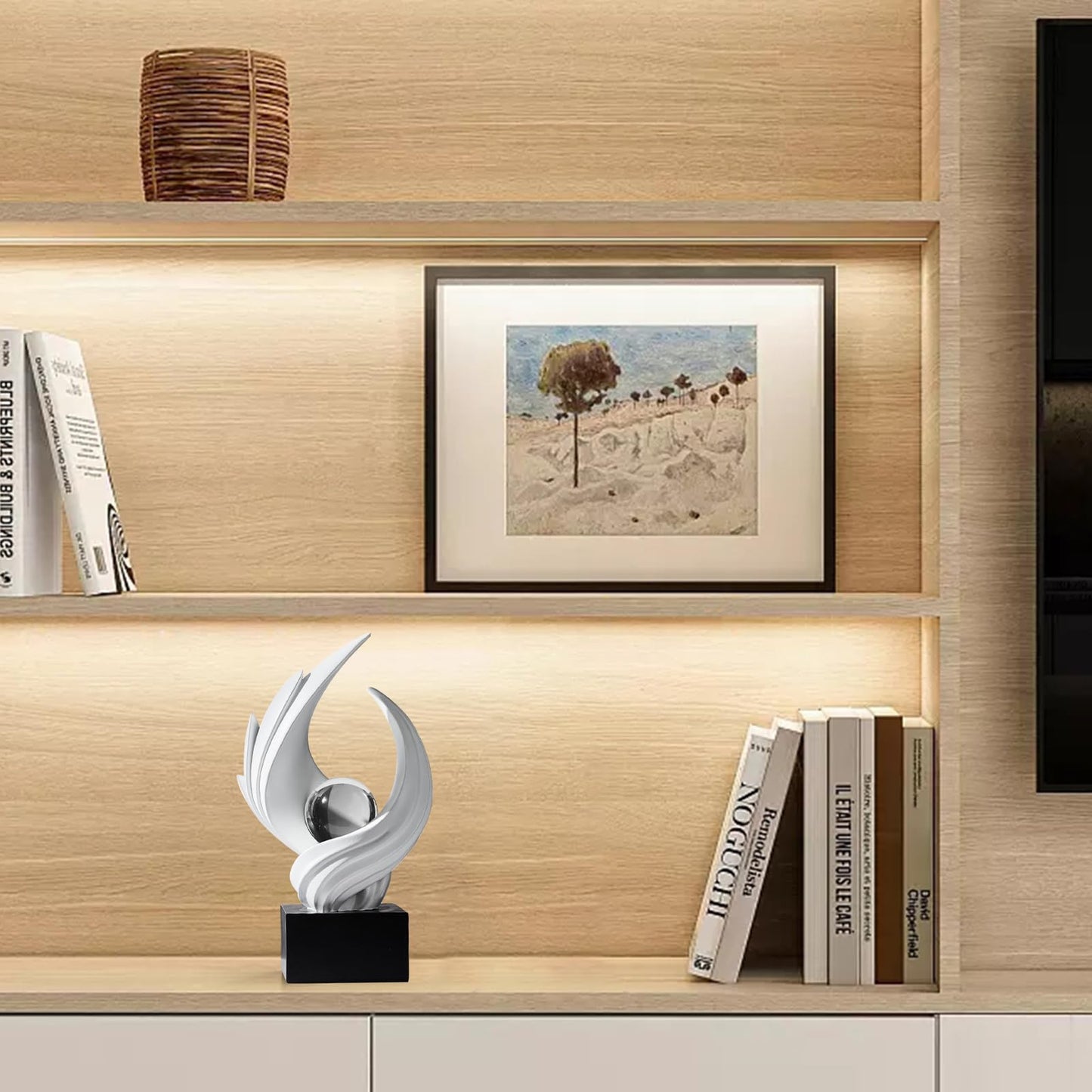 Modern Art Statue Decor, Abstract Swirl-Shaped Sculpture with Glass Ball Resin Art Figurines Centerpiece Sculptures for Home Decor Living Room Stand Coffee Table Office Bookshelf Decoration (white)