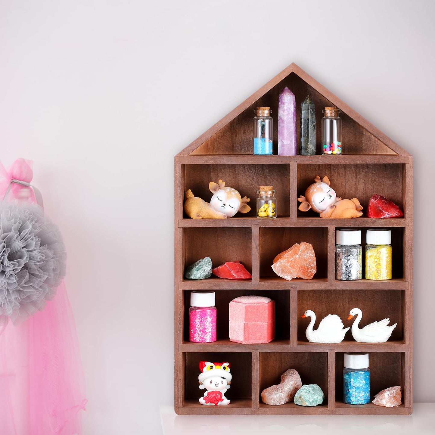 Threehoney House Shaped Wooden Shadow Cubby Box 10 W x 2 1/4 D x 15 H Hanging Display Shelf Organizer Wall Mounted Curio Cabinet Wooden Display Case Miniature Shelf for Figures (Brown)
