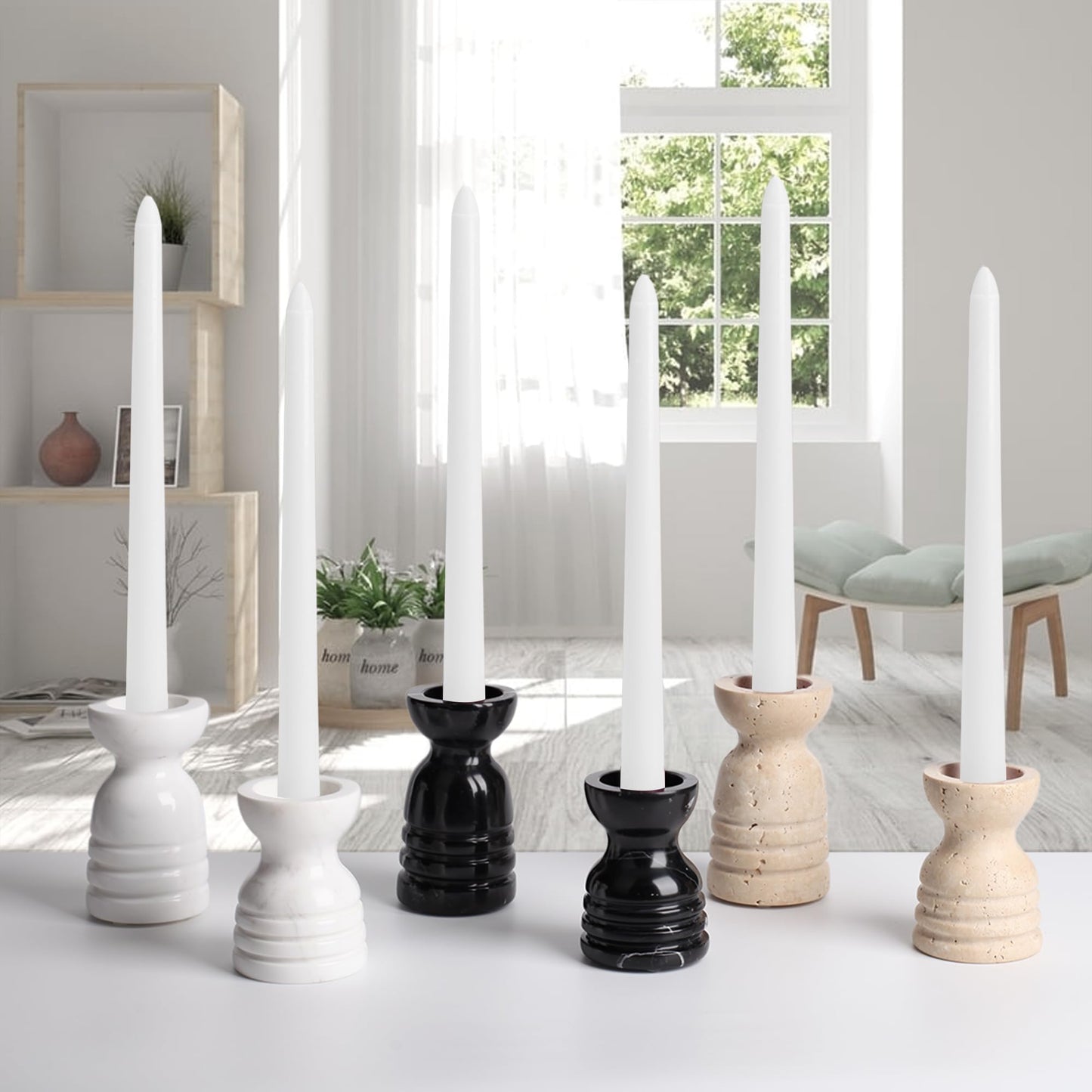 WORHE Candle Holders Italy True Natural Travertine Stone Set of 2 Premium Marble Candlestick Holder for Wedding Dinning Party Candle Stand for Dia 3/4" Taper Pillar Candles Color Beige (CH6065YL)