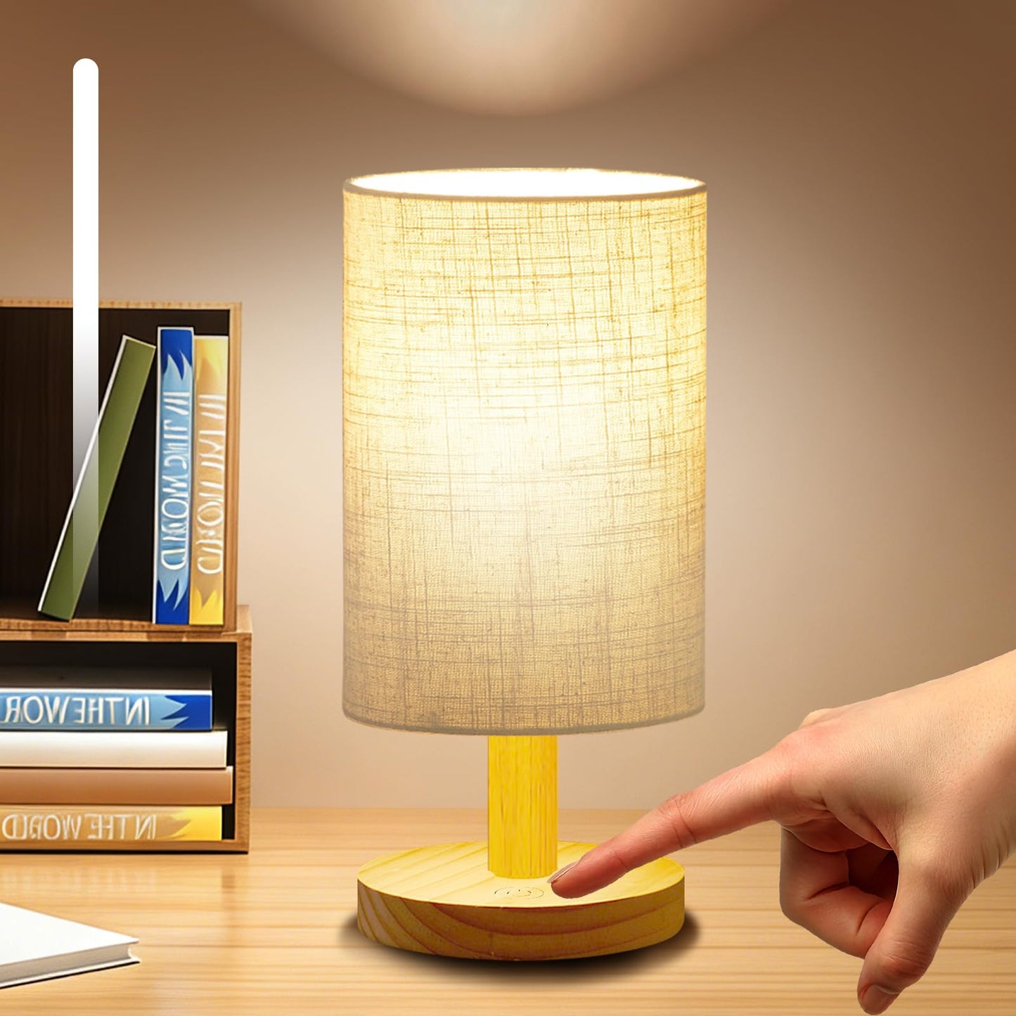 pickrelax Small Touch Table Lamp for Bedroom, Bedside Lamp for Warm Light LED Desk Lamp, Wood Base Round Flaxen Fabric Shade for Kids Room, Living Room, College Dorm, Home, Office