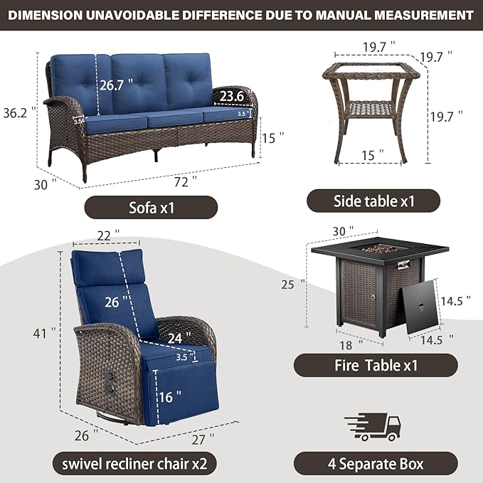 Belord 5 Piece Wicker Patio Furniture Set with 30" Propane Fire Pit Table, Outdoor Swivel Recliner Chairs with Adjustable Backrest & Footrest for Patio Conversation and Backyard Gathering