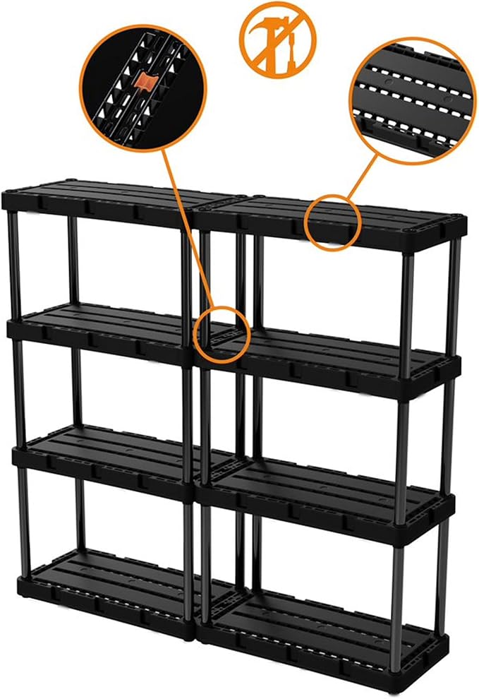 Gracious Living Light Duty Storage Shelves, Knect-A-Shelf 4-Shelf Ventilated Shelving Rack Organizer for Home, Garage, Basement & Laundry, Black