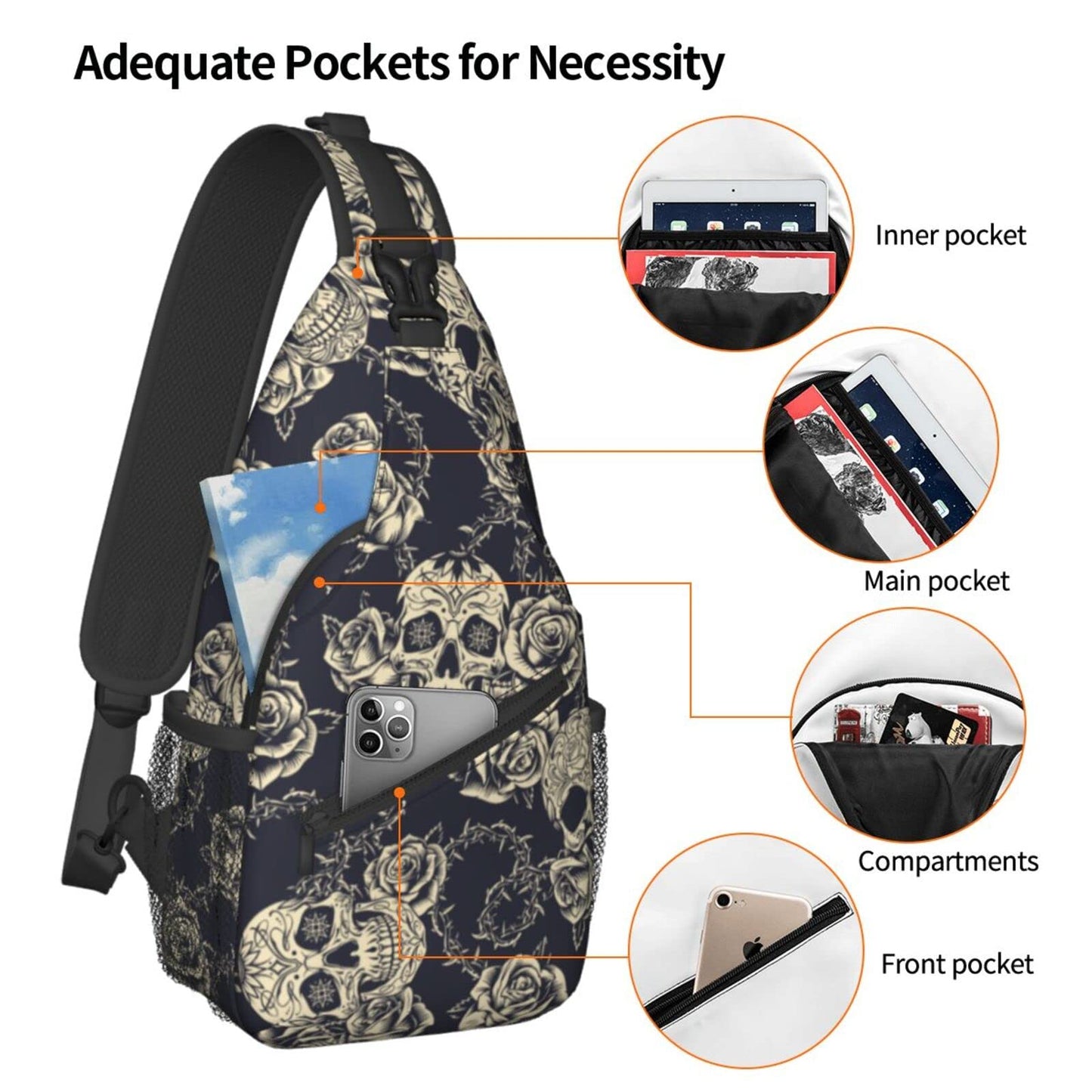 bassyil Skull Rose Sling Bag Crossbody Travel Hiking Chest Backpack Shoulder Daypack for Women Men