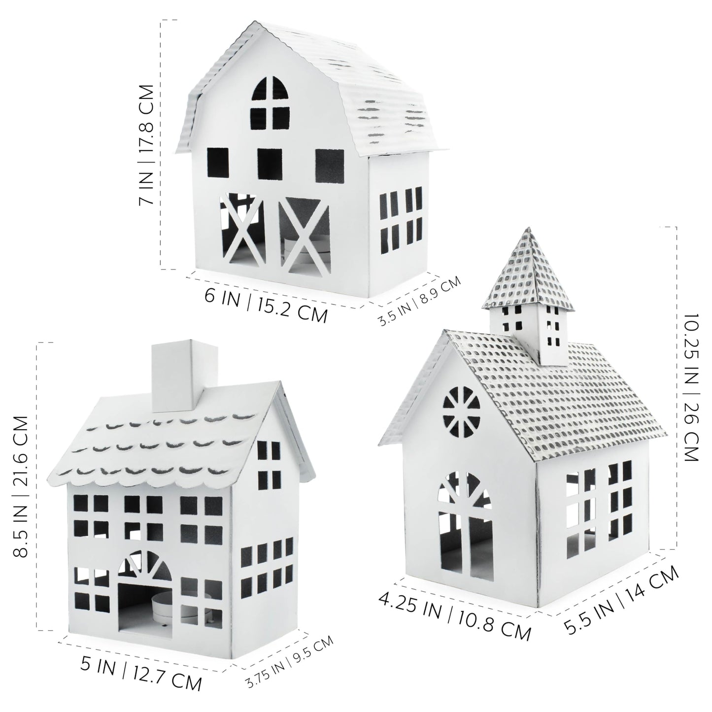 AuldHome Design Farmhouse Christmas Village Collection #2 w/Church, Barn and School (Set of 3, White); Candle Lantern Decorative Christmas Town Display