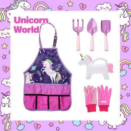 Cheerful Children Toys Kids Gardening Set – Gardening Tools for Kids with Watering Can, Shovels, Rake, Gloves & Apron – Planting Outdoor Activity for Ages 3-7, Unicorn Themed Gardening Set for Girls