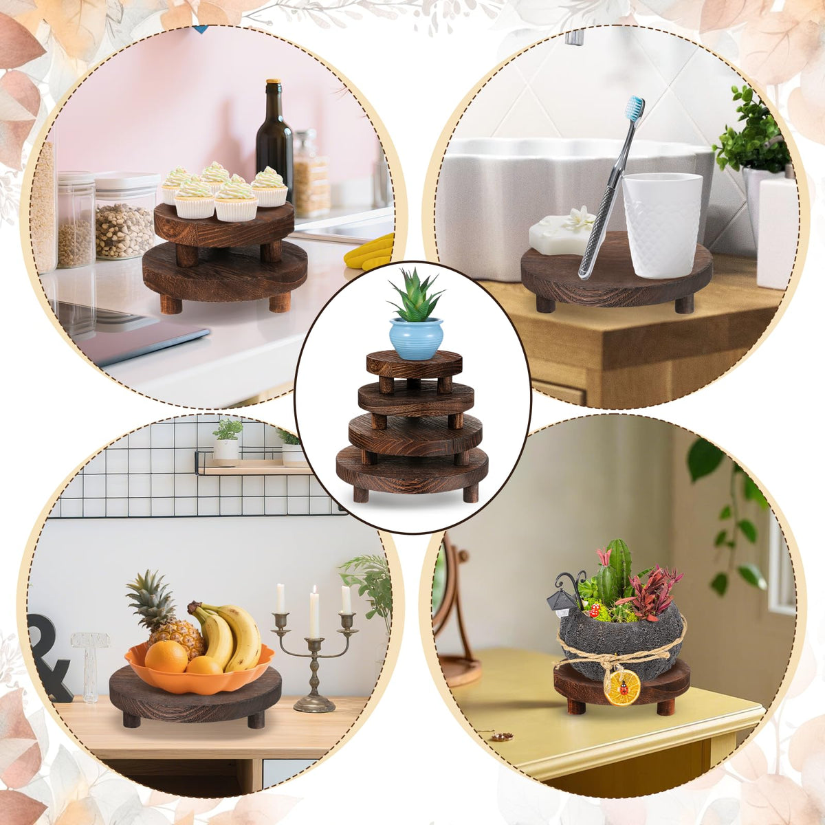 FdcZeyxior 4 Pcs Round Wood Risers Display Stands Wooden Risers for Table Display Mini Riser Stand Rustic Wooden Riser Holder Tiered Tray for Home Decor Kitchen Counter 4 Sizes Brown