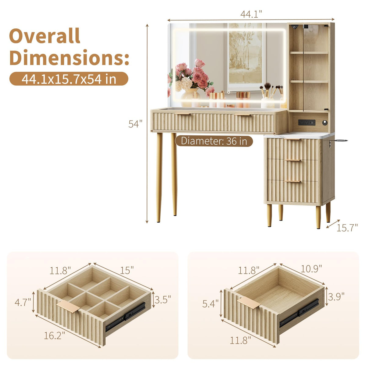 MilleLoom Makeup Vanity Desk with Lights, Fluted Wooden Dressing Table with 5 Drawers and Adjustable Shelves, Makeup Vanity Table Modern Glass Top with Charging Station for Bedroom (Oak)