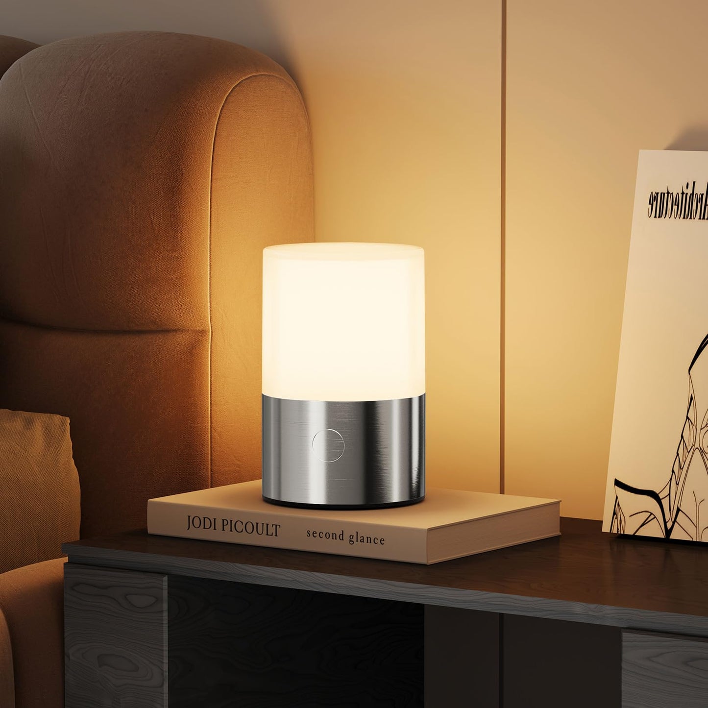 LomakGlow Small Table Lamp - Rechargeable, Portable, Up to 20-Hour Battery Life, 10 Brightness Levels, Auto-Off Timer, Waterproof, Warm Light for Bedside, Travel, Camping & Décor-Nickel Finish