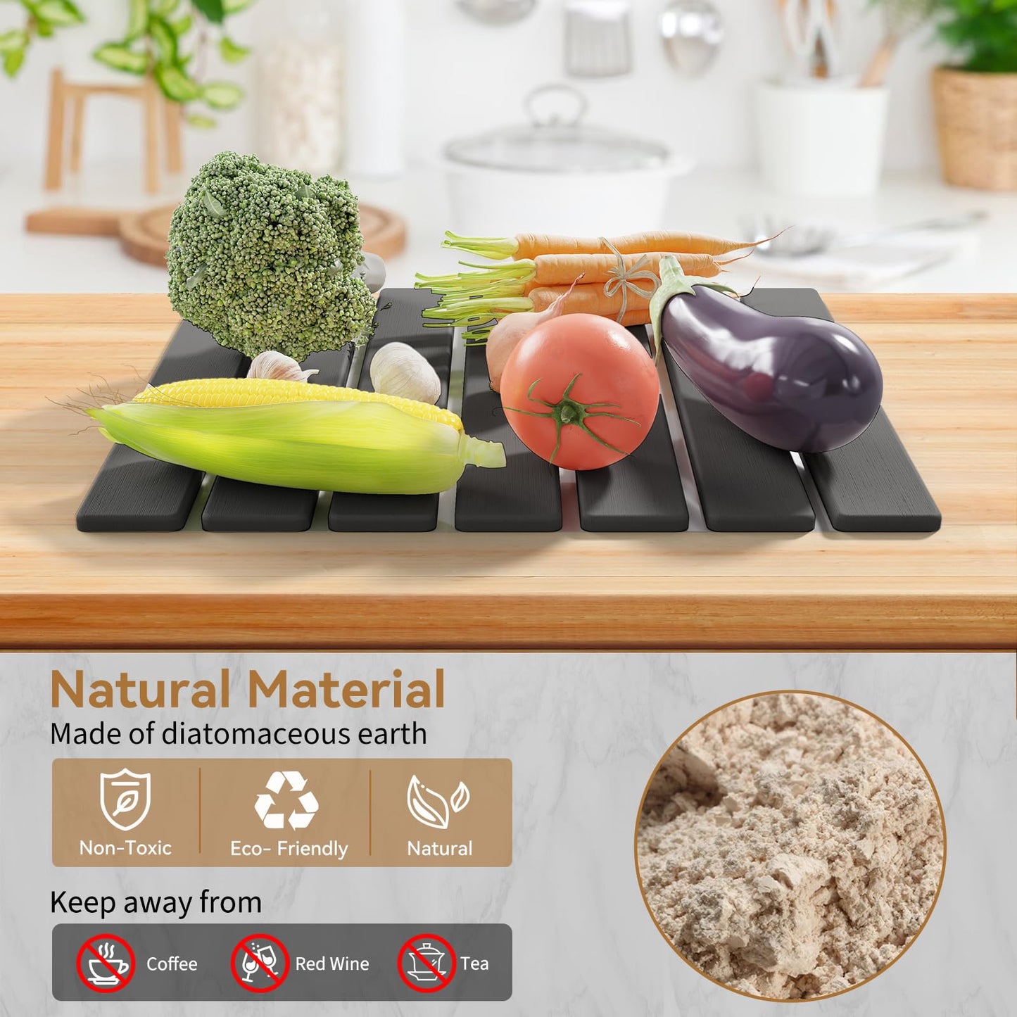 Stone Dish Drying Mat for Kitchen Counter,15.5''x11.8'' Foldable Quick Dry Stone Kitchen Mat,Eco-Friendly,Absorbent Diatomaceous Earth Mats for Dishes Bottles Cups Bathroom Any Countertop-Dark Gray