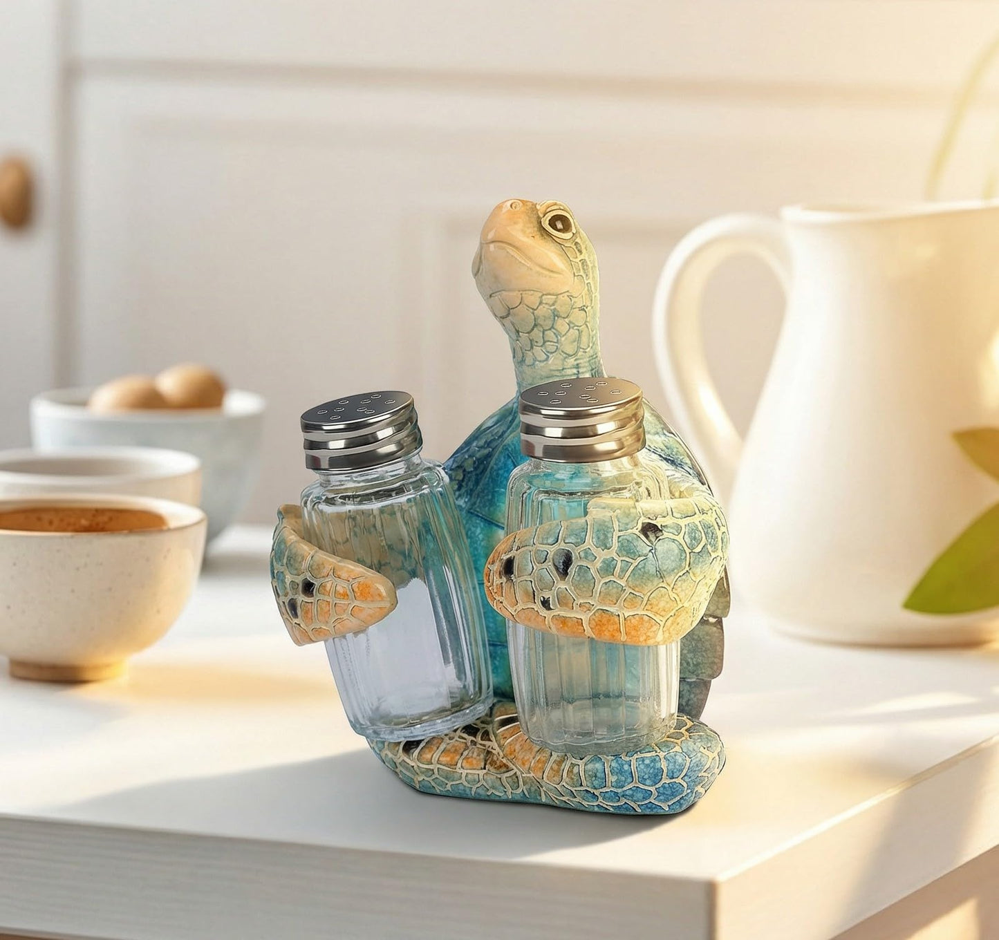 Decorative Blue Sea Turtle Salt and Pepper Shaker Holder, Coastal Kitchen Decor (Blueturtle)