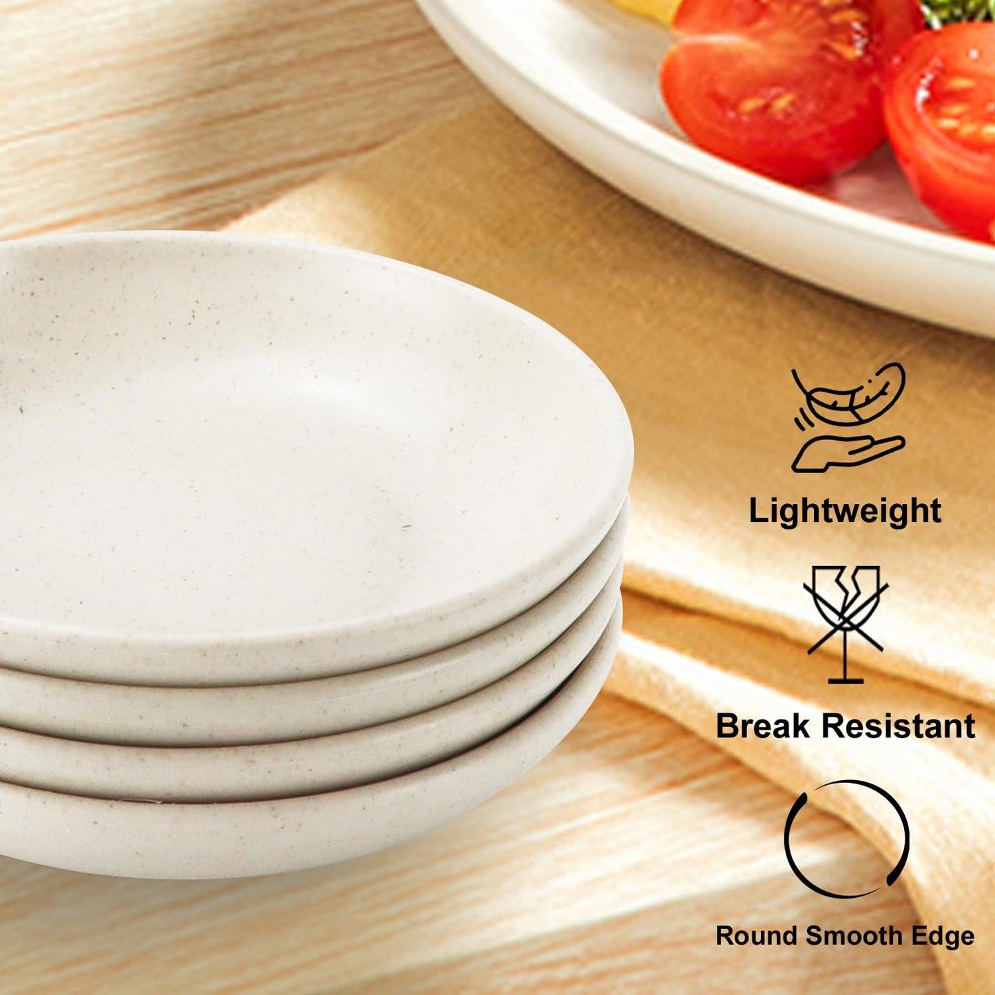 BUSOKIP 4 Inch Small Appetizer Plates 8 Pieces, Lightweight and Unbreakable Wheat Straw Plates, Small Sauce Plate, Soy Sauce Dish for Side Dishes, Condiment, Appetizer (White)