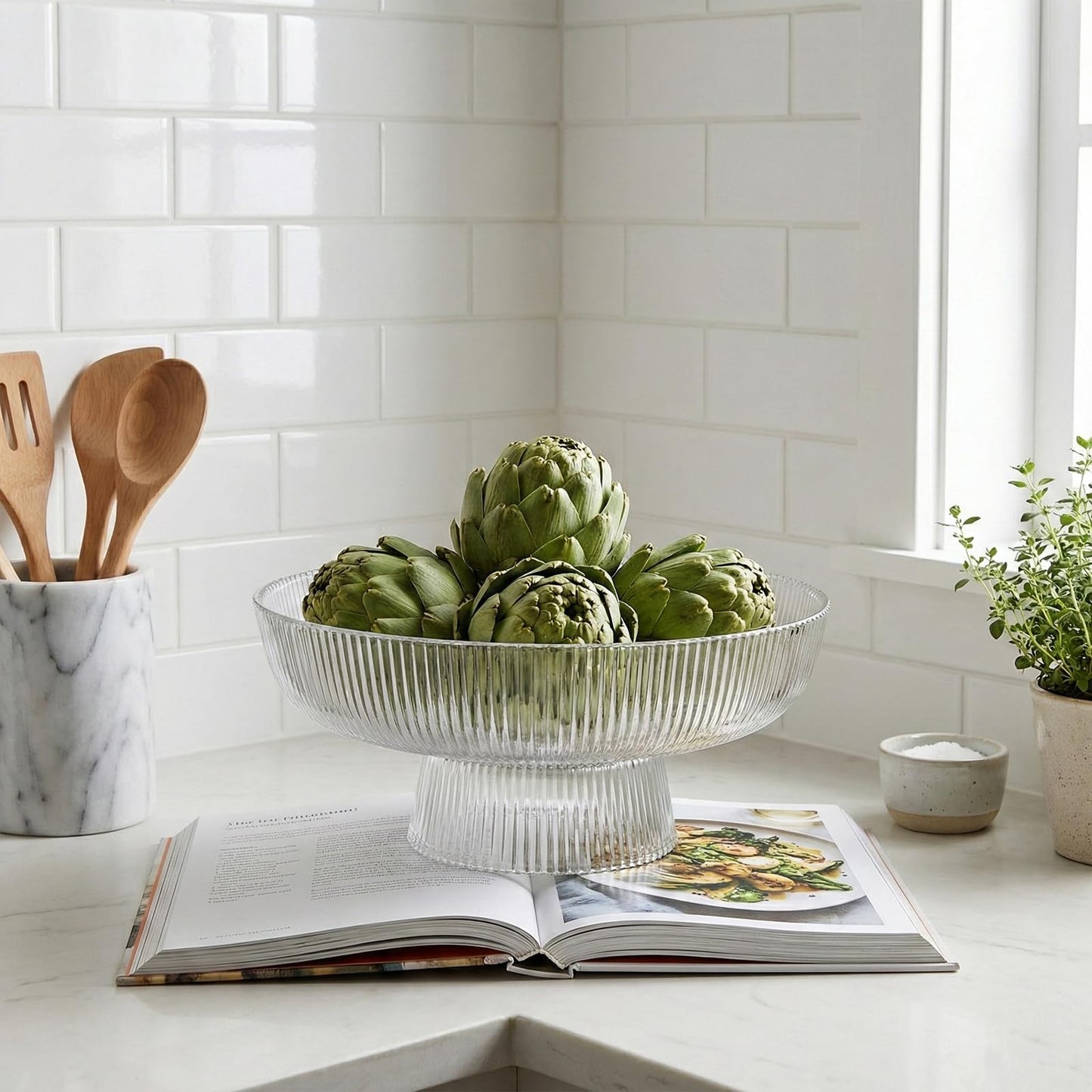 ZOOFOX Fruit Bowl for Kitchen Counter, Large Decorative Glass Bowls with Pedestal, Ribbed Pedestal Bowl for Fruit, Vegetable, Salad and Dessert, Key Bowls for Entry Table