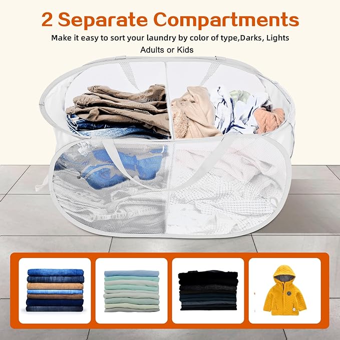Durable Collapsible Foldable Mesh Pop Up Laundry Basket, 2 Compartments Easy to