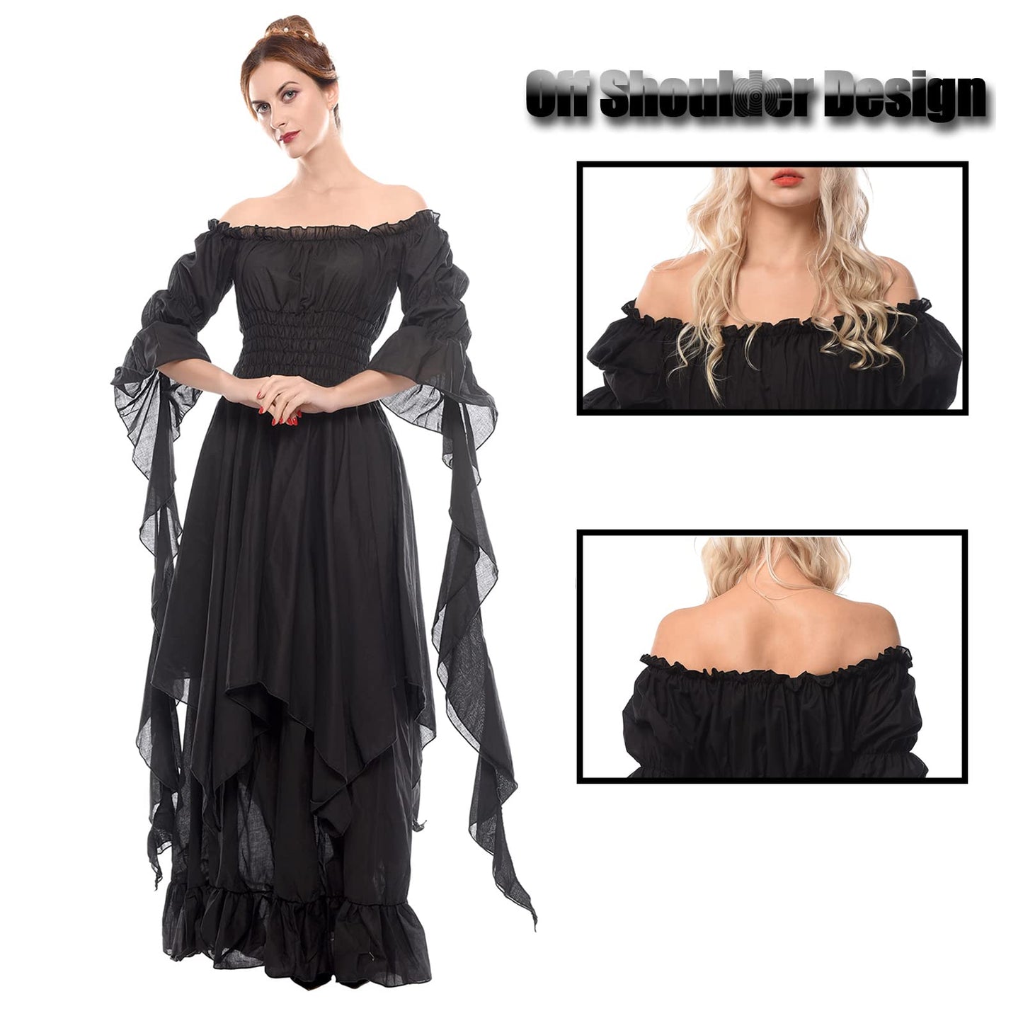LTAKK Renaissance Dress Medieval Costume Victorian Dresses Women Peasant Gothic Fairy Witch Wedding Under Dress, Black, S/M