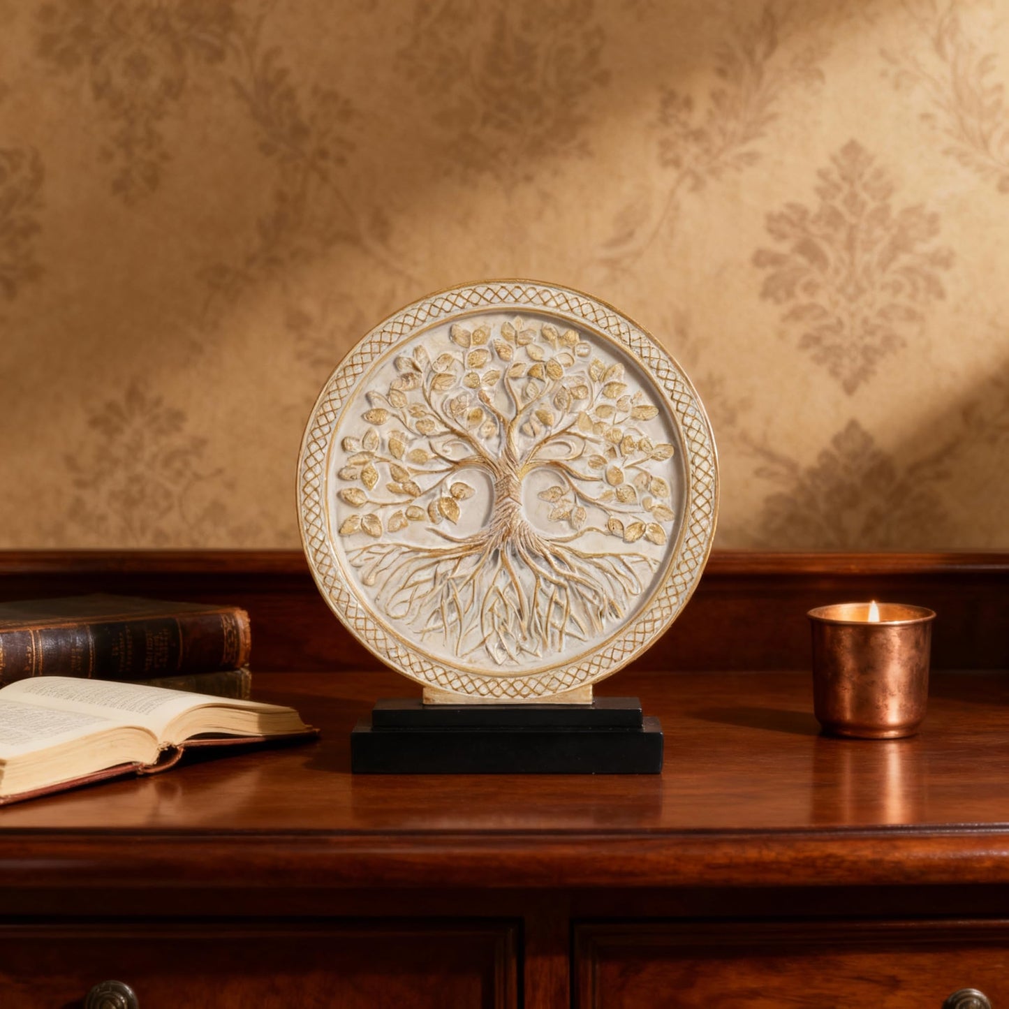 Tree of Life Sculpture for Home Decor,Above Cabinet Decor Kitchen,Boho Knick Knacks Shelf Decor Accent,Round Statue for Credenza Bookshelf Rustic Shabby Chic Center Pieces Decoration (White Gray)