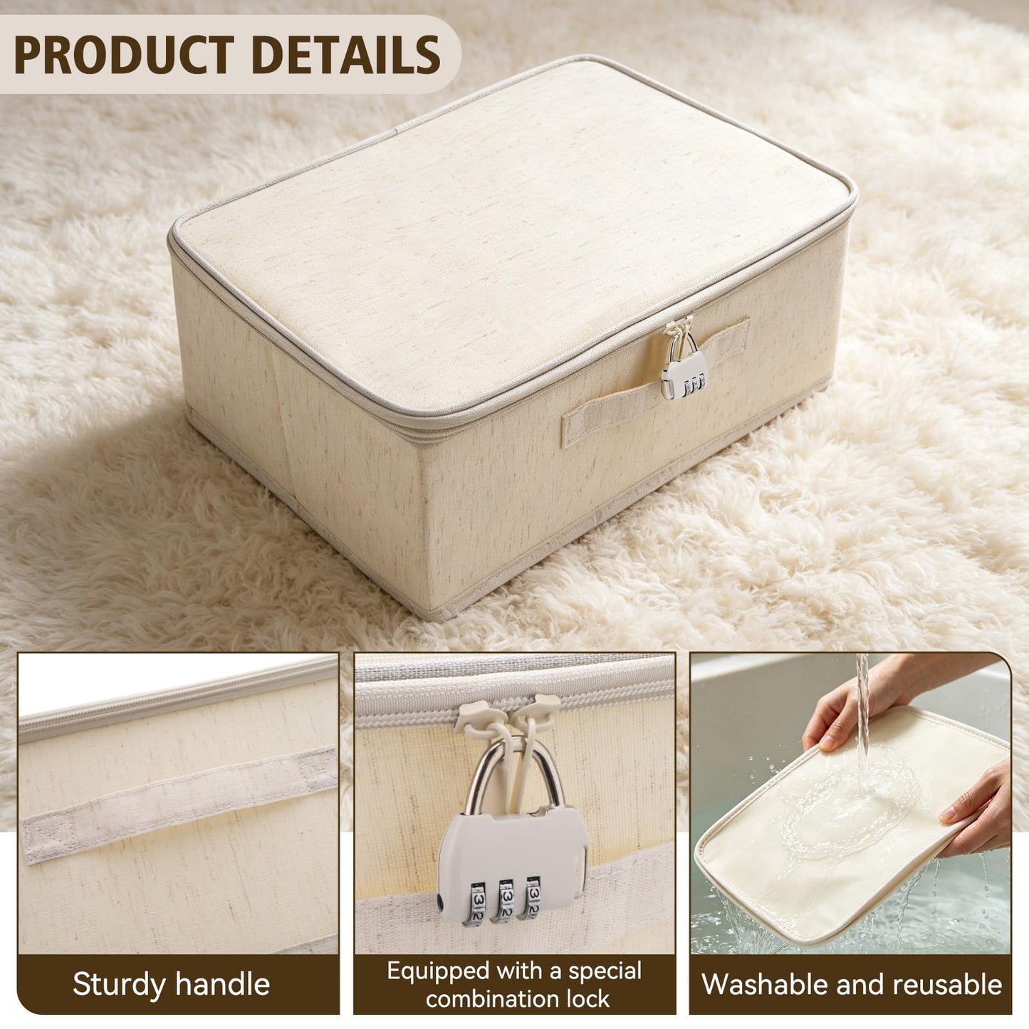 2 Pack Lockable Storage Box with Zipper & Handle, 14.96" x 10.03" x 6.29" Lockable Storage Organizer, Foldable Fabric Lock Box for Women Men Personal Item Container (Beige)