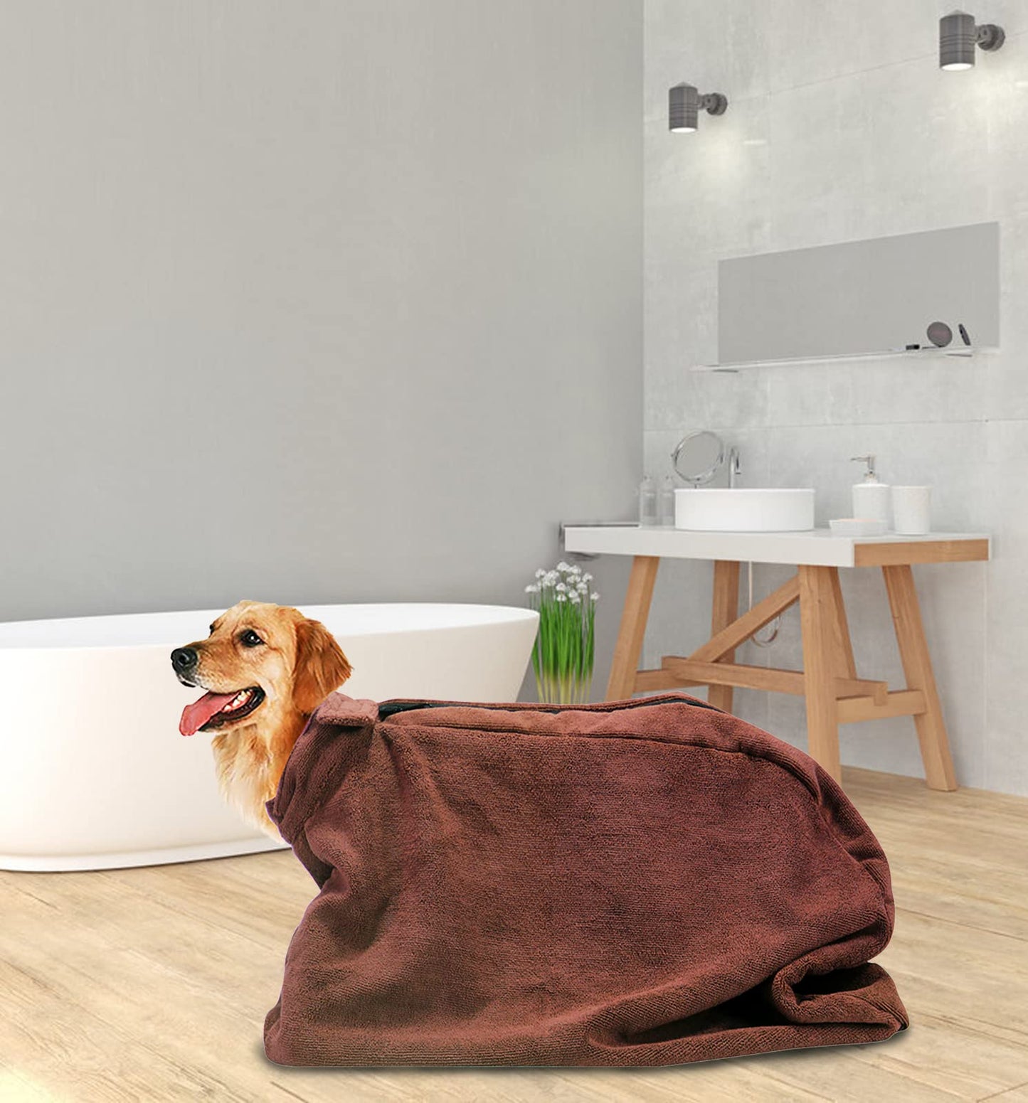 Geyecete Premium Microfiber Dog Towel with Loop Neck Strap - Large, Medium, Small Dog Drying Bag - Brown - S Plus