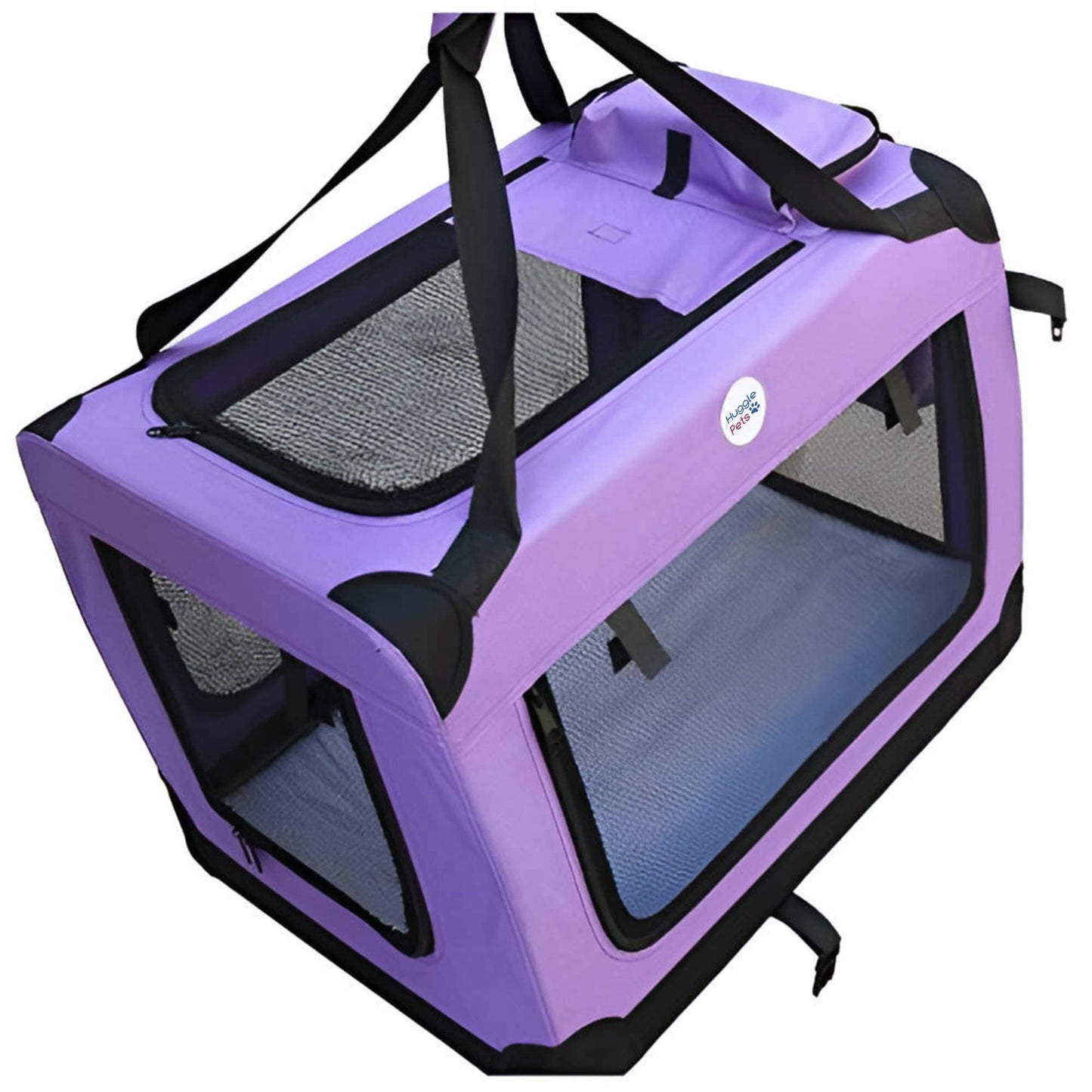 HugglePets Foldable Fabric Pet Crate Carrier - Purple (Large 70 x 52cm) Lightweight & Ventilated Double Door Carrier for Dogs & Cats with Sheepskin Mat. Ideal for Home & Travel.