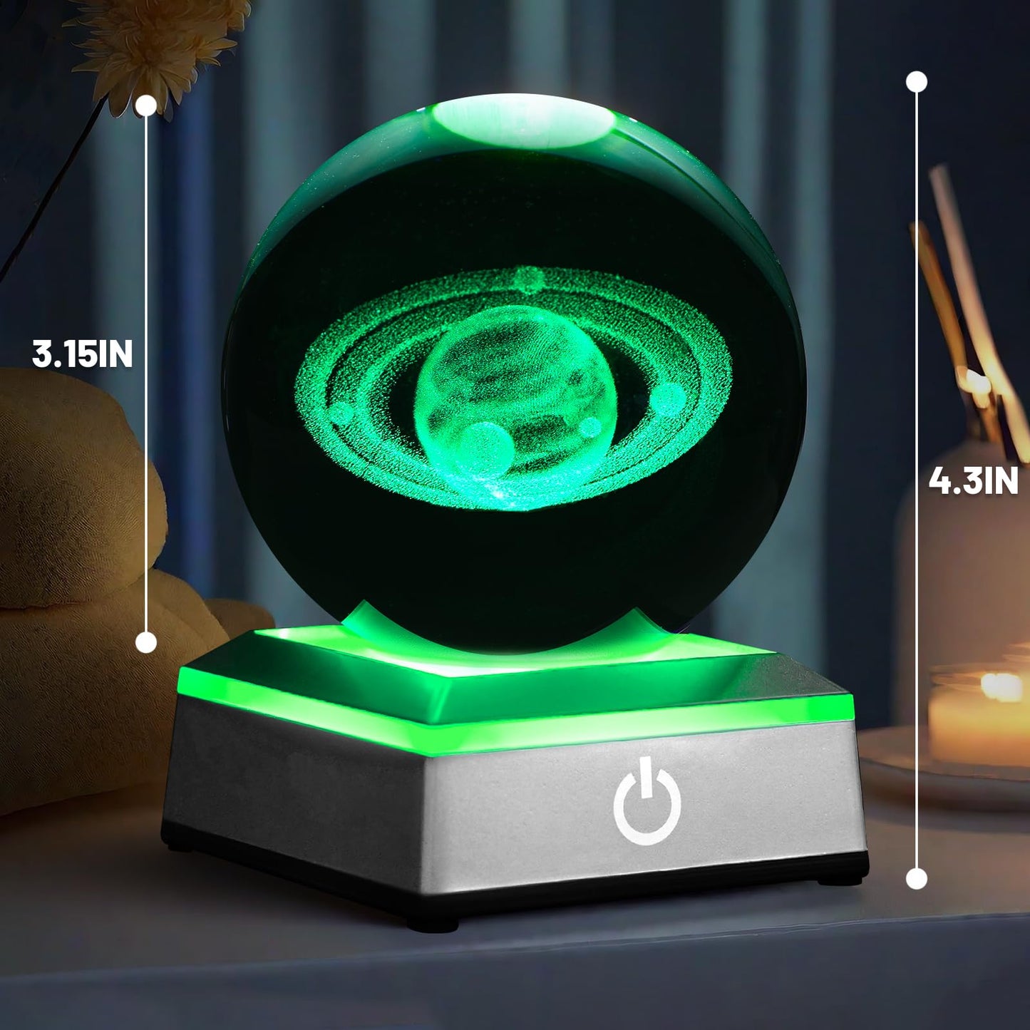 PYMIN3D 3.15 inch Saturn Crystal Ball Night Light with Colorful LED Lamp Touch Base Saturn Model Gifts for Friends Birthday Christmas