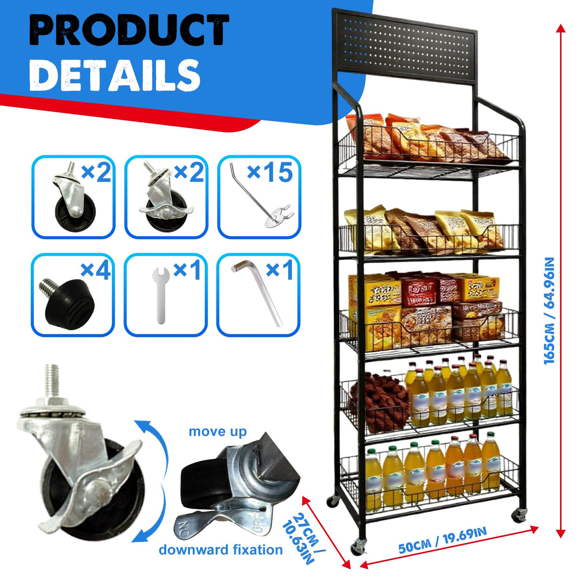 5 Tier Retail Candy Display Rack Metal Storage Shelf with Wheels & 15 Hooks Concession Candy Snack Display Racks Sturdy and Stable Chip Shelf Rack for Stores, Kitchen, Office (Black, 19.7*10.6*65 in)