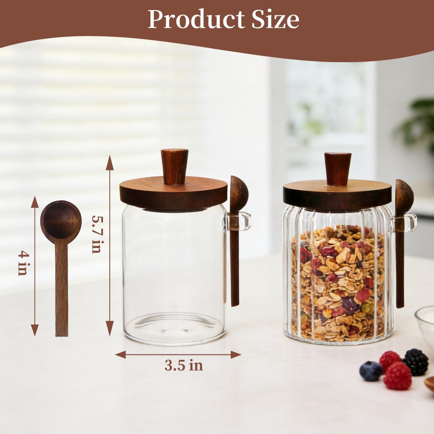 BUITLU Sugar Bowl with Lid and Spoon,20 oz Sugar Container for Coffee Bar, Glass Coffee Canister, Airtight Food Storage Jar, Brown Sugar Container, Cereal Tea Salts Spice Jar（Stripe）