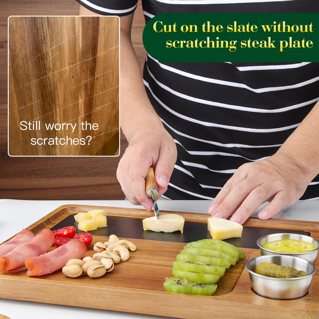 LiWiBet Wooden Slate Serving Board Charcuterie Boards with 2 Bowls, Acacia Wood Cutting Board Cheese Board Serving Plate Tray Platter for Bridal Shower Gifts Wedding Gifts Housewarming