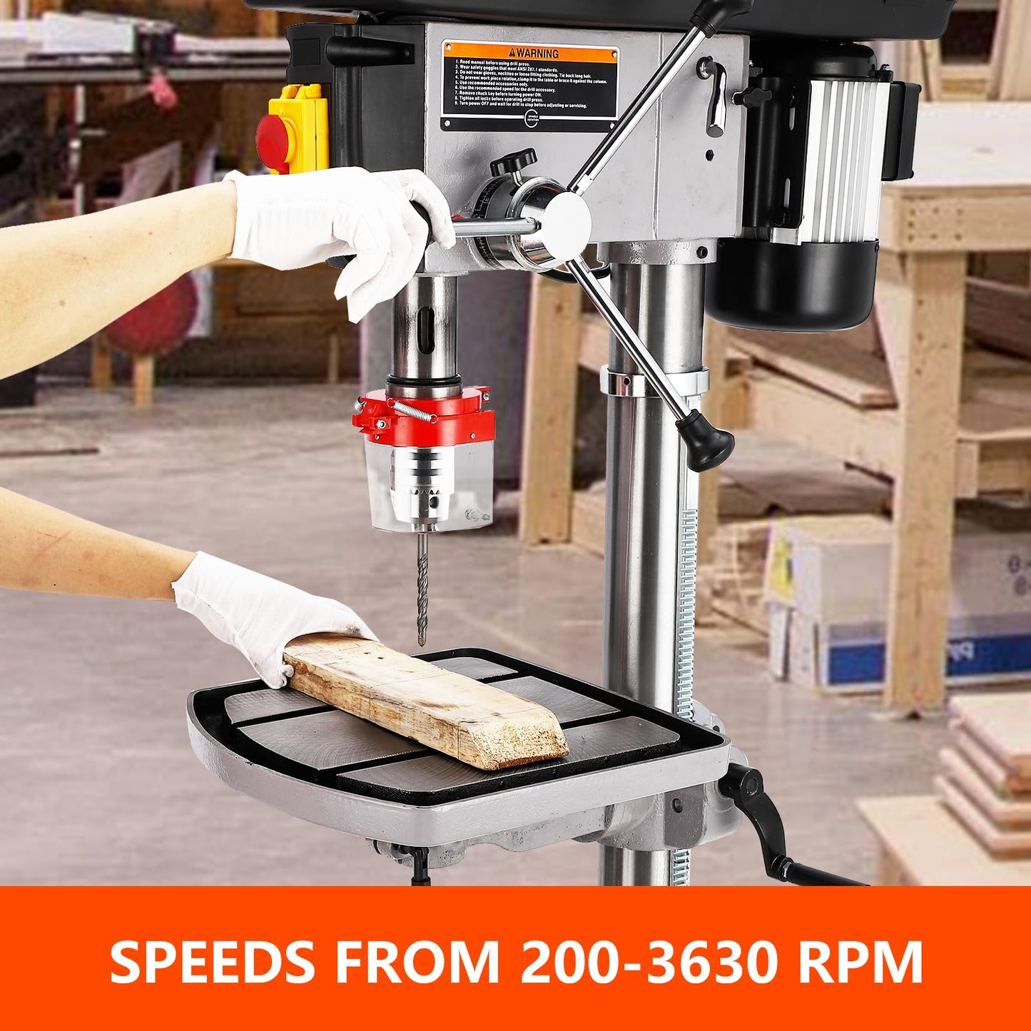 Garvee 17 in Floor Drill Press, 12 Amp 120V Pure Copper Motor, 200-3630 RPM Variable Speed Cast Iron Bench Drill Press, 0-45° Tilting Worktable, Tabletop Drilling Machine for Wood Metal