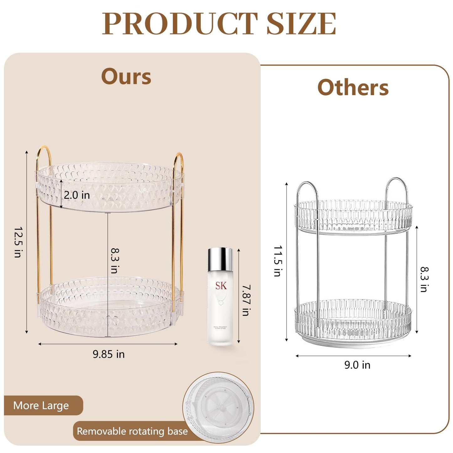 Rotating Makeup Organizer for Vanity, 2 Tier Perfume Skincare Storage for Women, Bathroom Counter Organizer, 360° Spinning Cosmetic Holder for Dresser Countertop, Clear