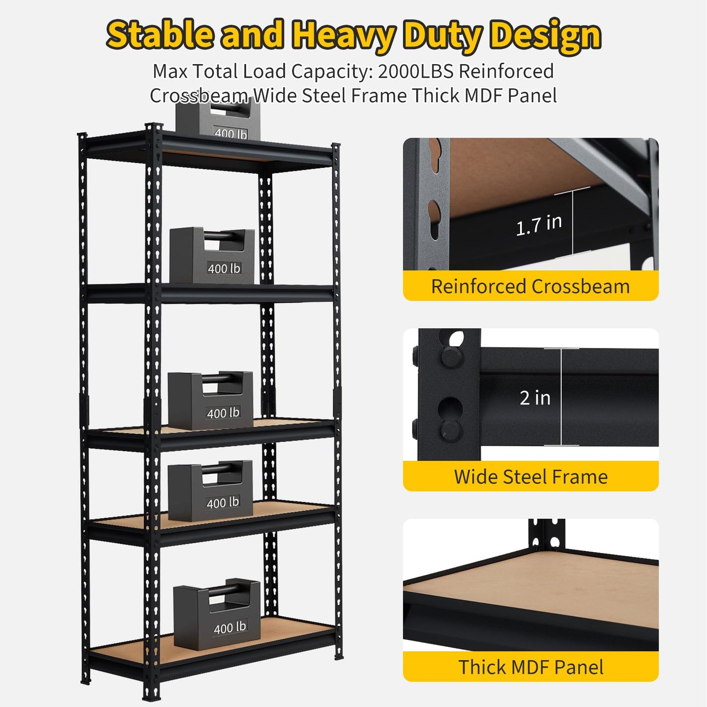 Garvee 5-Tier Heavy Duty Storage Shelves with 2000 LBS Capacity, Adjustable Metal Shelving Rack for Garage, Kitchen, Pantry, Basement, Bathroom, Laundry Room Organization, 48" D x 24" W x 71" H