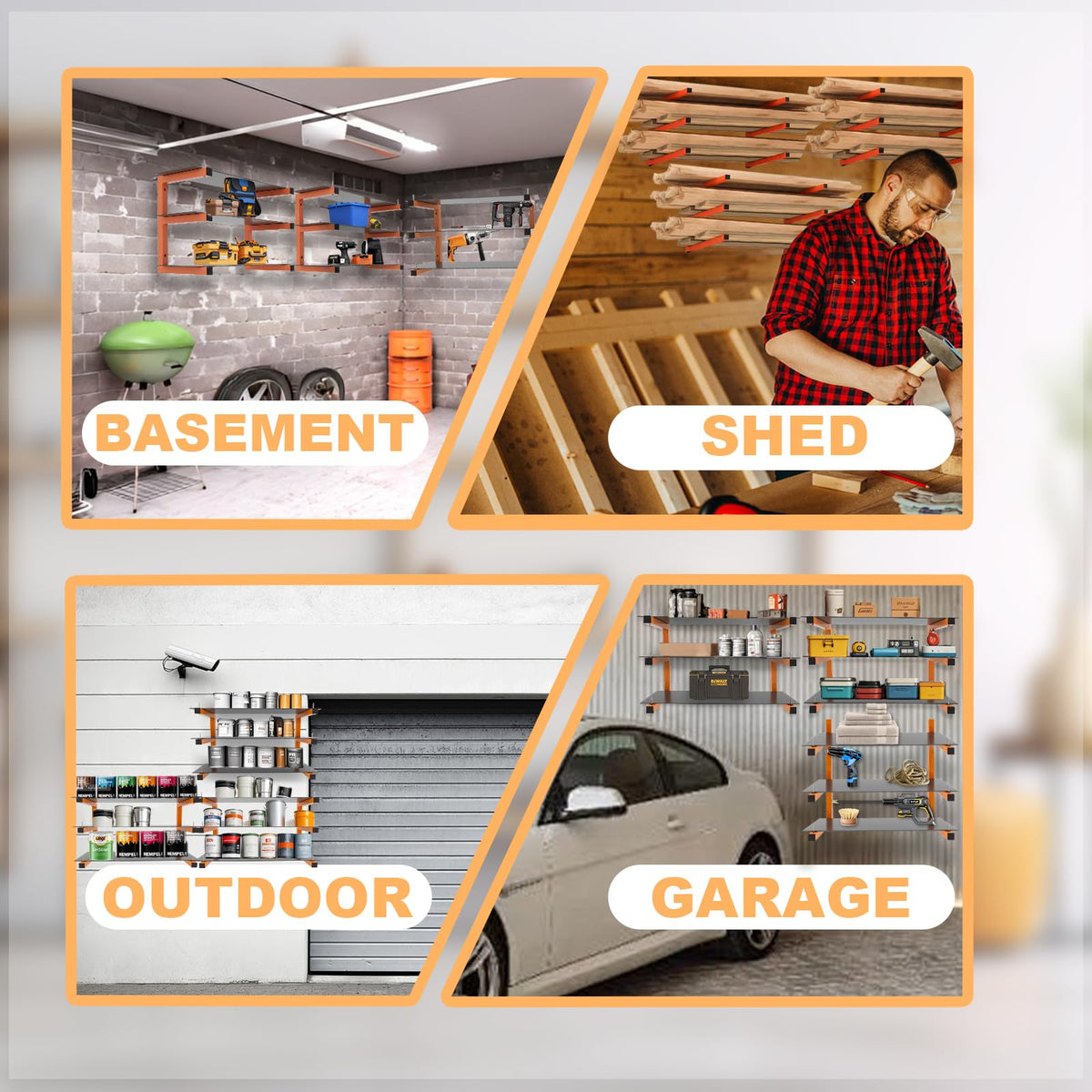 6 Pack Wall-Mounted Lumber Rack, Heavy Duty Wood Storage Racks, 9-Level System Garage Shelving, 1980 LBS Capacity Hanging Organizer Shelves, Orange Brackets Utility Metal Shelf for Indoor and Outdoor