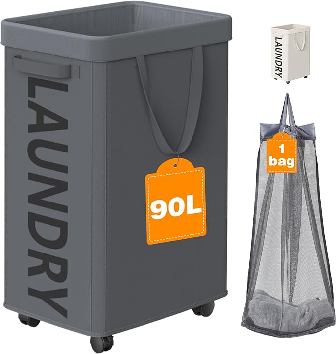 Laundry Basket with Wheels, 90L Rolling Laundry Hamper with Wheels, Large