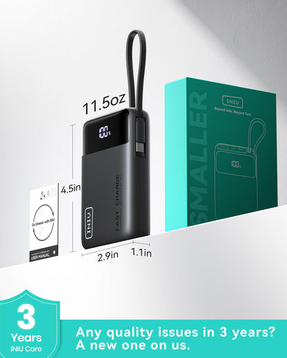 INIU 20000mAh Power Bank, Small Portable Charger, 45W PD Fast Charging Battery Pack with Build in USB-C Cable, Travel Phone Charger for iPhone 17 16 15 14 Air Samsung S25 S24 Google iPad Xiaomi, Black