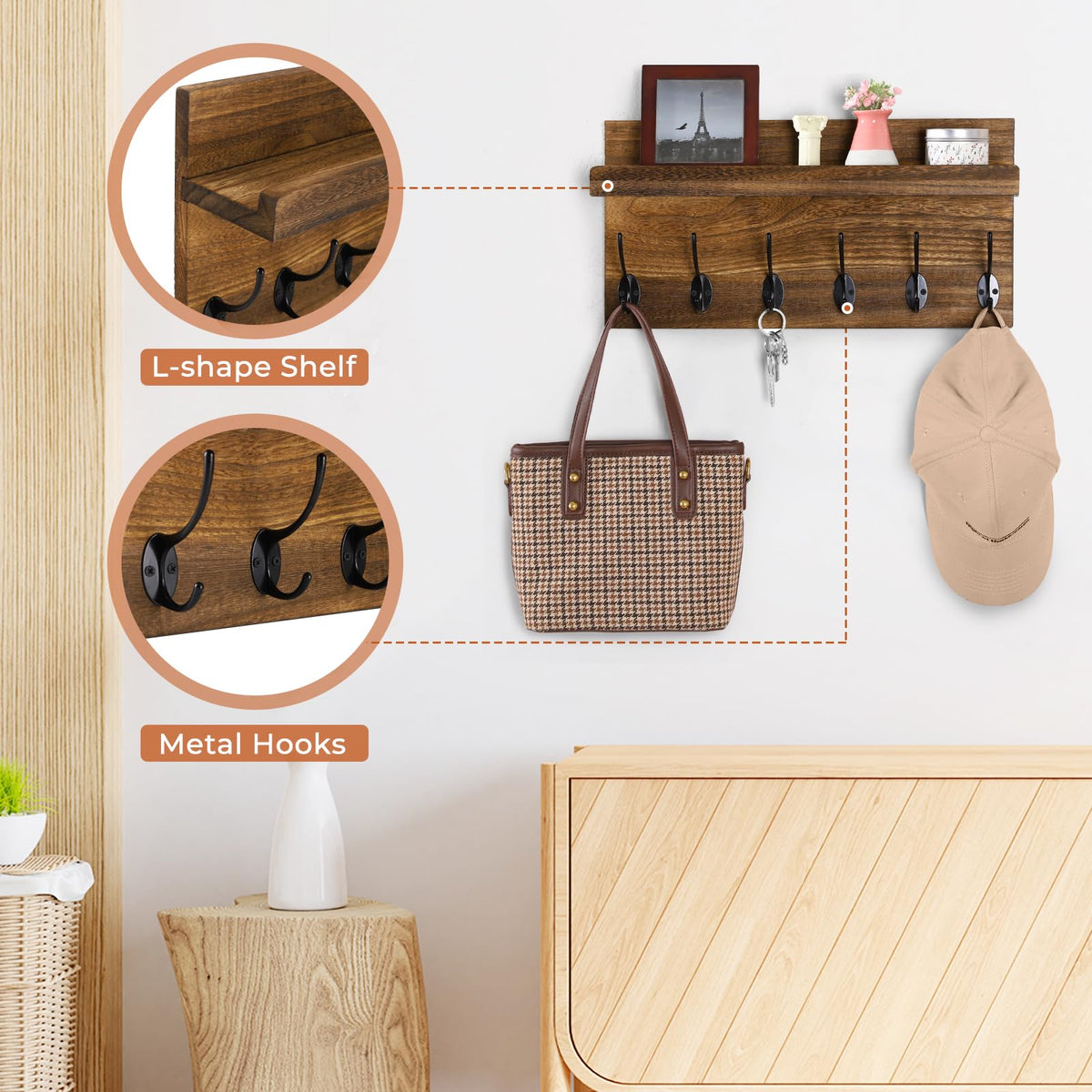 HRONRAD Coat Rack Wall Mount, 17” Wooden Key Holder for Wall, Farmhouse Shelf with Hooks for Hats Towels Clothes, Home Decor for Entryway, Bathroom, Kitchen, Rustic Brown