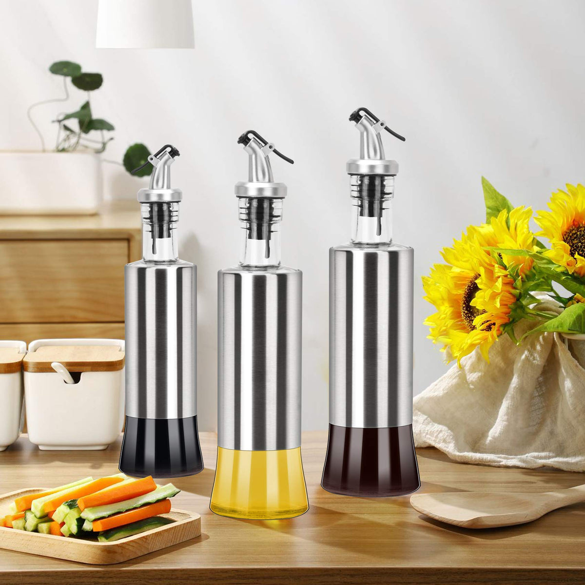 onlyfire Olive Oil and Vinegar Dispenser Set - 2Pack, 12 Oz Stainless Steel Oil Bottles Dispenser for Kitchen Cooking and BBQ (2PCS Funnel included)