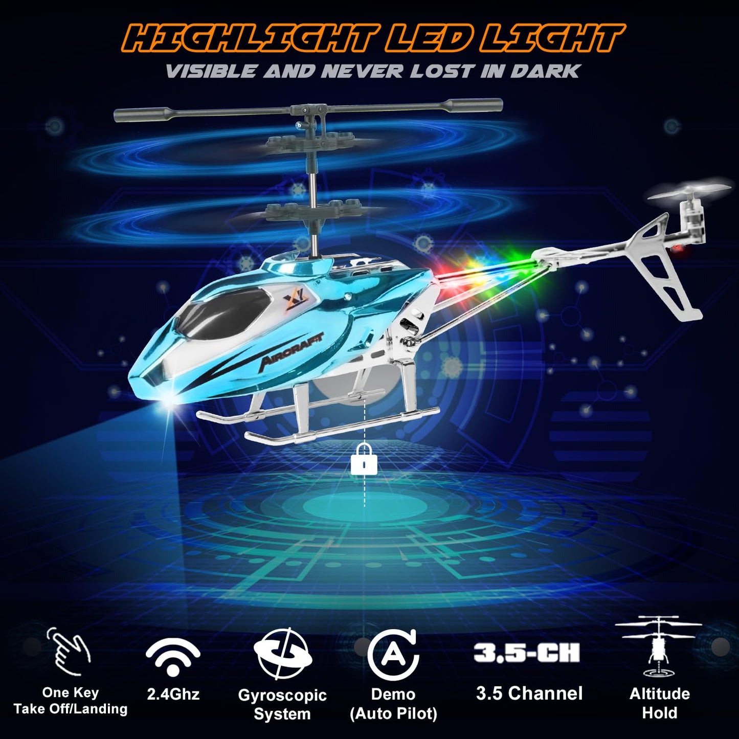 TERRAMUS Remote Control Helicopter for Kids,Altitude Hold RC Helicopters with Gyro LED Light,2.4GHz Radio Controlled Aircraft Indoor Toy with 3.5 Channel,High&Low Speed,Gift for Boys Beginner