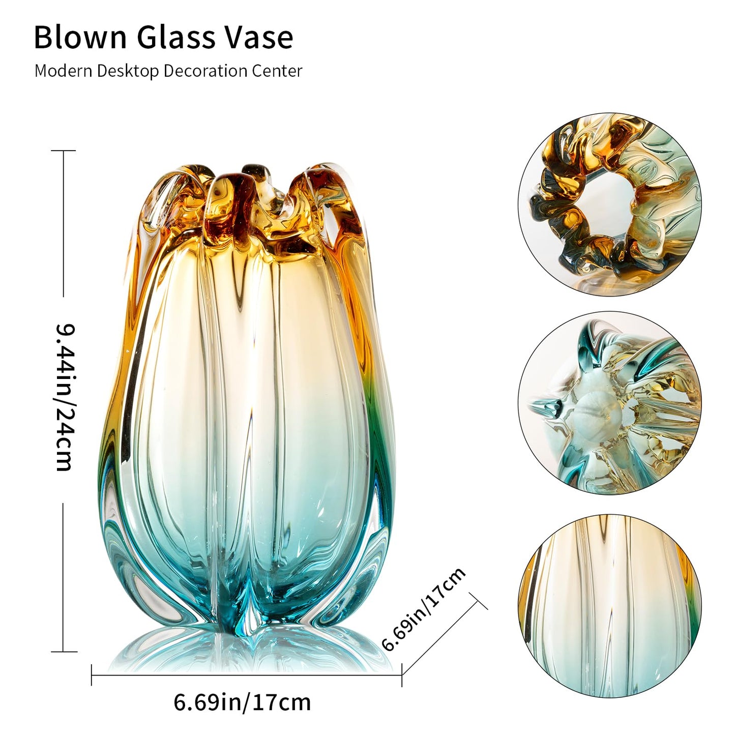 Hand Blown Glass Flower vases, Unique Glass vases, Wide Mouth vases, Small Modern Art Deco Glass vases for Home Living Room, Office, Table centerpieces, Bookshelves and Wedding Decorations