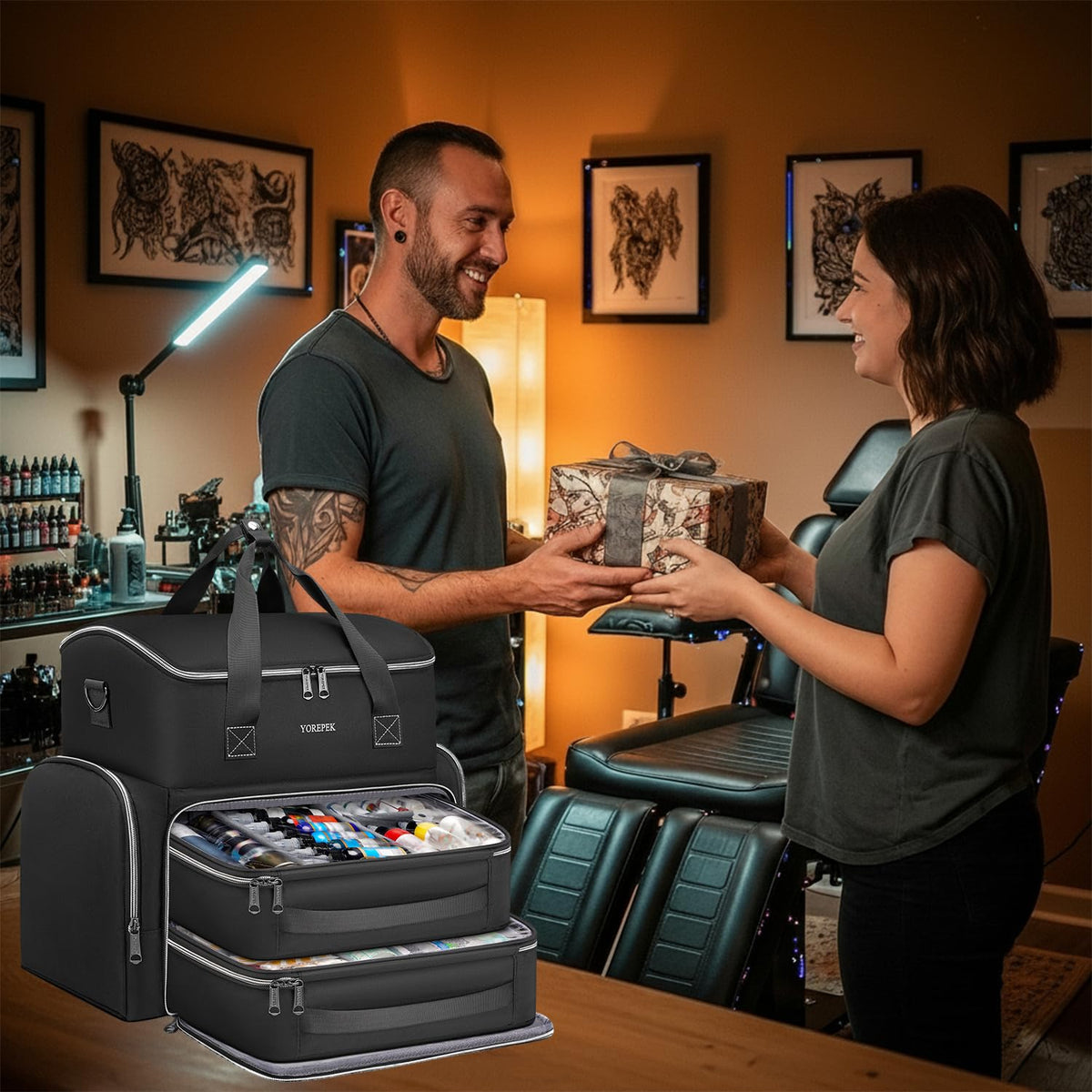 YOREPEK Tattoo Travel Case, Waterproof Tattoo Bag with 2 Removable Organizer Pouches, Adjustable Dividers, Tattoo Carrying Case for Equipment, Supplies, Stencil Printer, Artist Gifts