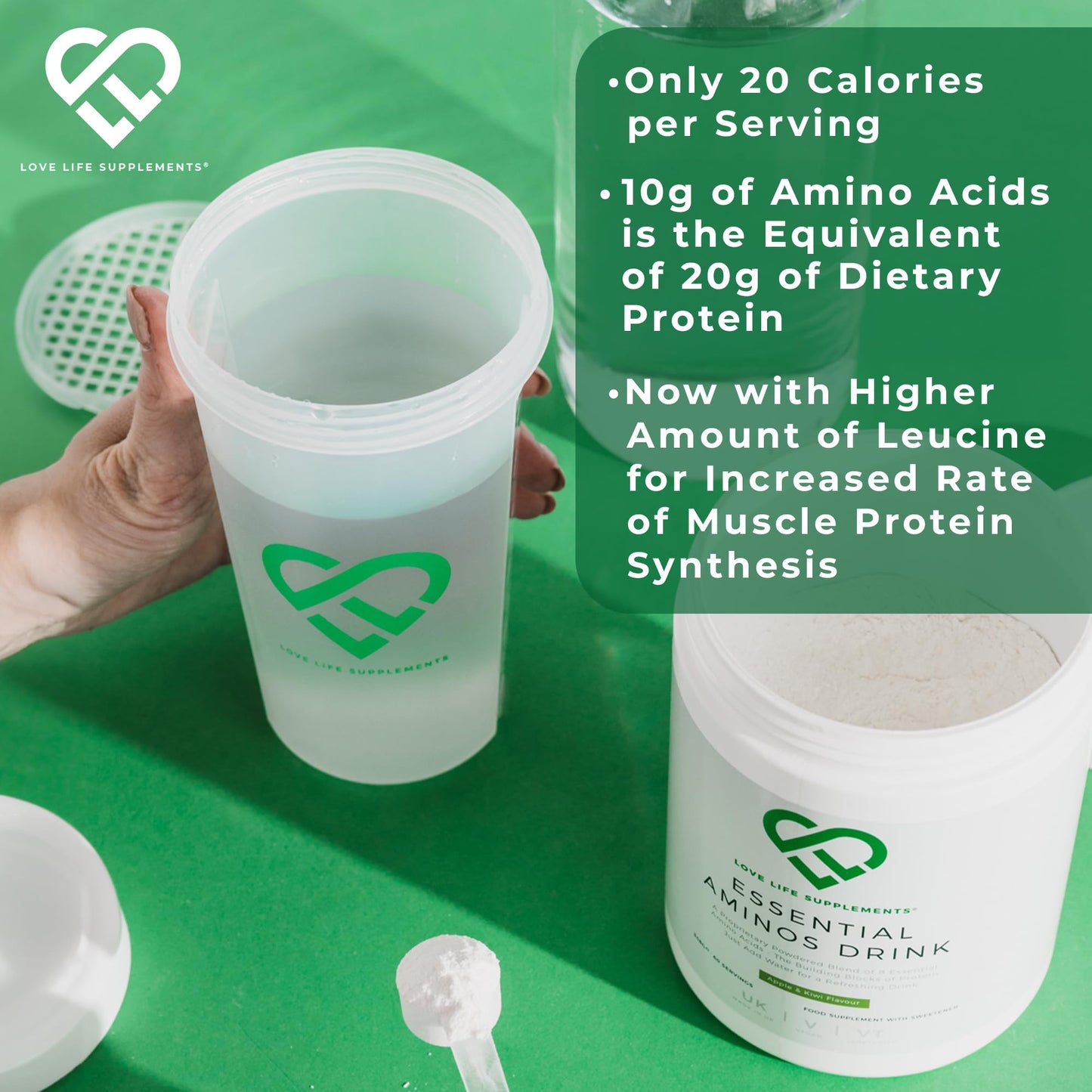 EAA Amino Acids Powder, All 9 Essential Amino Acids Including BCAA's and 2 Grams of Leucine per Serving, Apple & Kiwi Flavour, 348g - 60 Servings (5g of EAA's per Serving) - Love Life Supplements