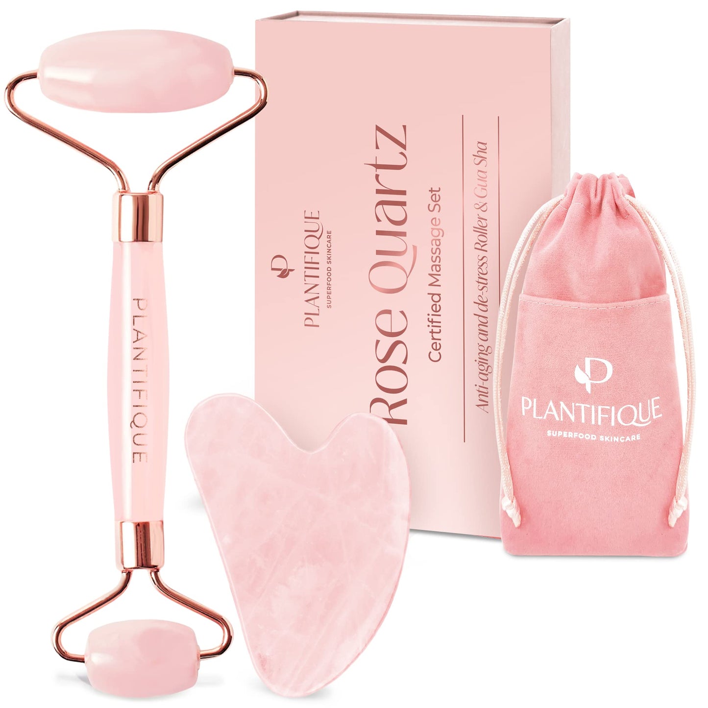 PLANTIFIQUE Jade Roller & Gua Sha Set – Real Jade Facial Tools for Skin Care Routine – Certified Face Massager for Radiant Skin