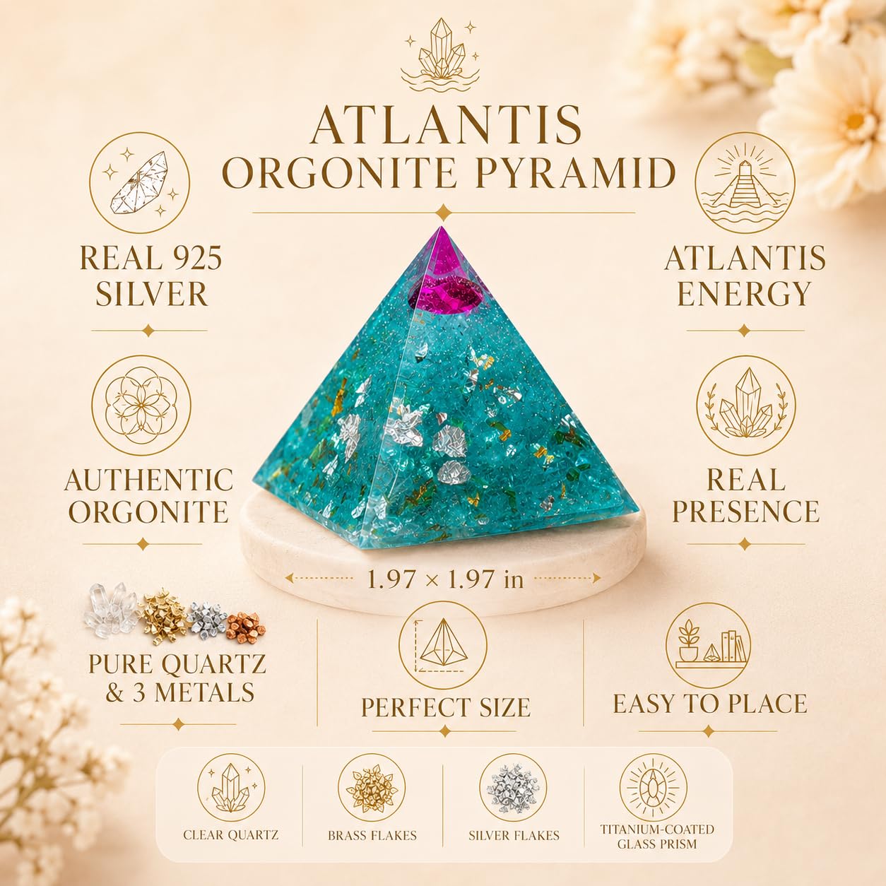ORGONIC-Art Orgonite Pyramid – Inspired by Wilhelm Reich with Rock Crystal & Brass Leaf, a Symbolic Design Object for consciously Shaped Spaces in Today’s Modern Environment of WLAN, 5G & More