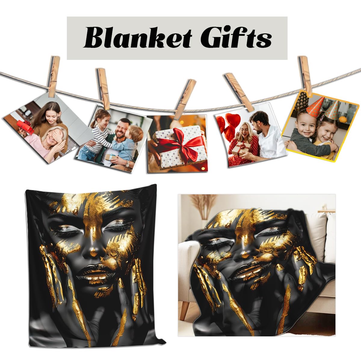 HUNXIAOJ African American Woman Blanket Throw Black Gold Print Flannel Blanket Gifts for Girls Female Women African American Couch Bed Living Room Home Decor 49"x59"
